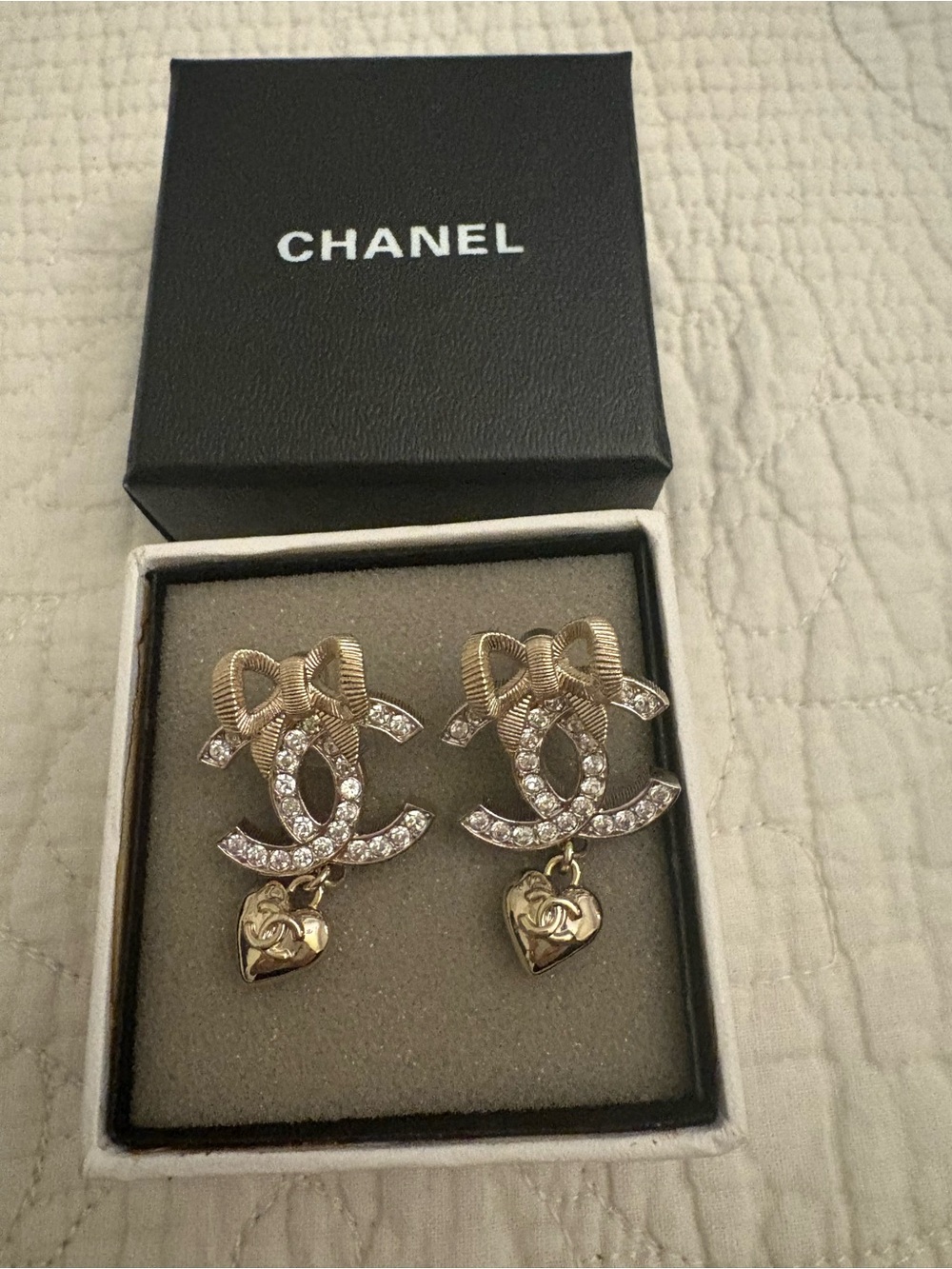 ❌SOLD❌CHANEL Gold Crystal CC Bow Drop Earrings with Heart Charm